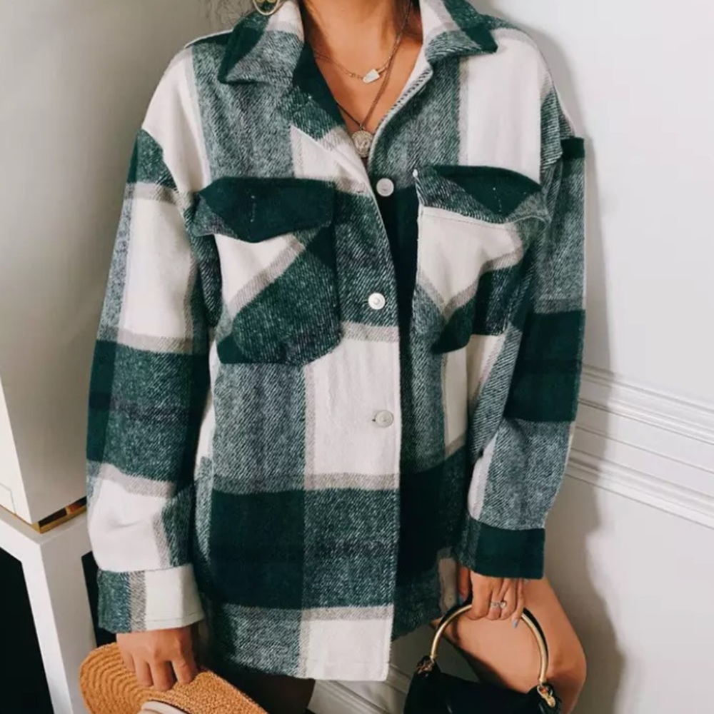SOLD OUT Green Plaid Oversized Flannel Shacket Shirt Jacket - Picture 2 of 16